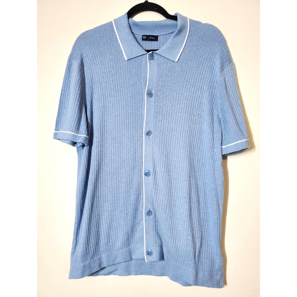 Gap Mens Medium RIBBED BUTTON FRONT POLO SHIRT Blue Knit Cotton - Picture 2 of 12